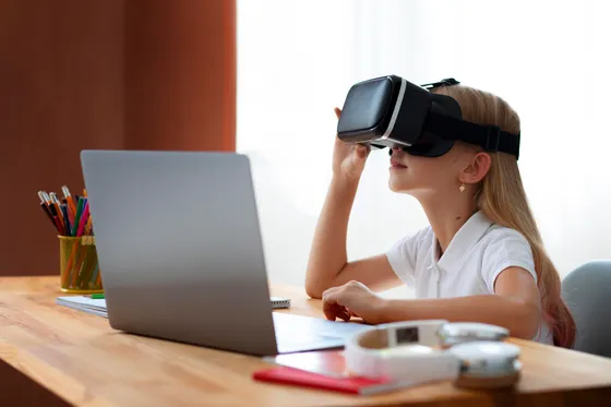 A girl using virtual reality goggles